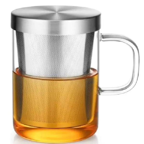 Ancient Digin 16.9 oz Borosilicate Glass Tea Mug with Stainless Steel Infuser & Lid –A 500mL heat-resistant glass teacup designed for brewing loose-leaf tea. Durable, elegant, and perfect for easy use