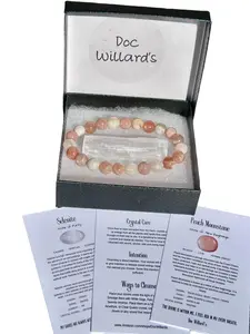 Doc Willard's Charged Peach Moonstone 8mm Stretch Bracelet with Selenite Piece and 3 Metaphysical Healing Crystals Reiki