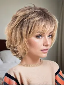 Women's 8 Inch Curly Wig, Gradient Blonde Ladies Wig, Natural Puffy Slant Bangs Wig, Suitable for Daily Wear and All Party Festivals Such As Parties, Curly Hair Wigs