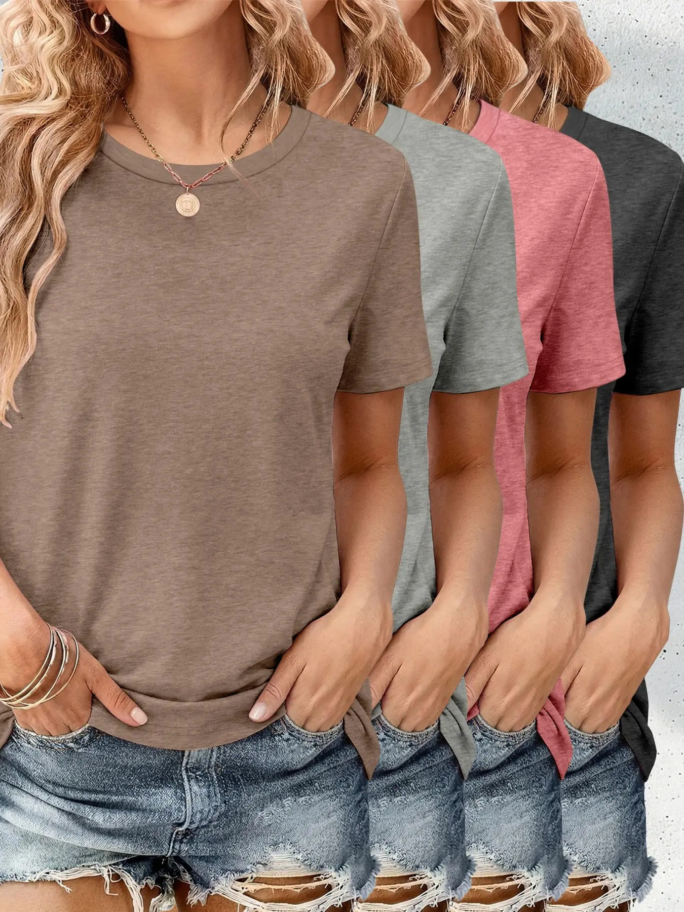 Women's Round Neck Short Sleeve T-Shirt Top 4-Piece Set, Casual Everyday Fitted Solid Color, All Seasons Wear, Plain Surface, Unlined, Matching Outfit