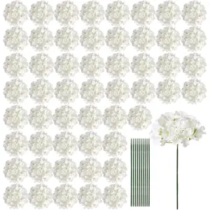 64 PCS Artificial Hydrangea Flowers, Silk Hydrangea Full Flowers Heads with Stems for Wedding Centerpieces, Home, Garden, Baby Shower, Party Decoration (Ivory)