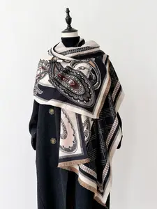 Women's Ethnic Pattern Fringe Trim Poncho Scarf, Casual Warm Shawl for Fall & Winter, Women's Scarf for Daily Wear