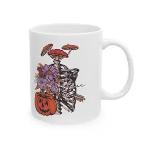 Halloween Ceramic Mug with Pumpkin and Cordycep Mushroom. Staying Alive. Ceramic Coffee Mug. Perfect for Spooky Season Cup Drinkware