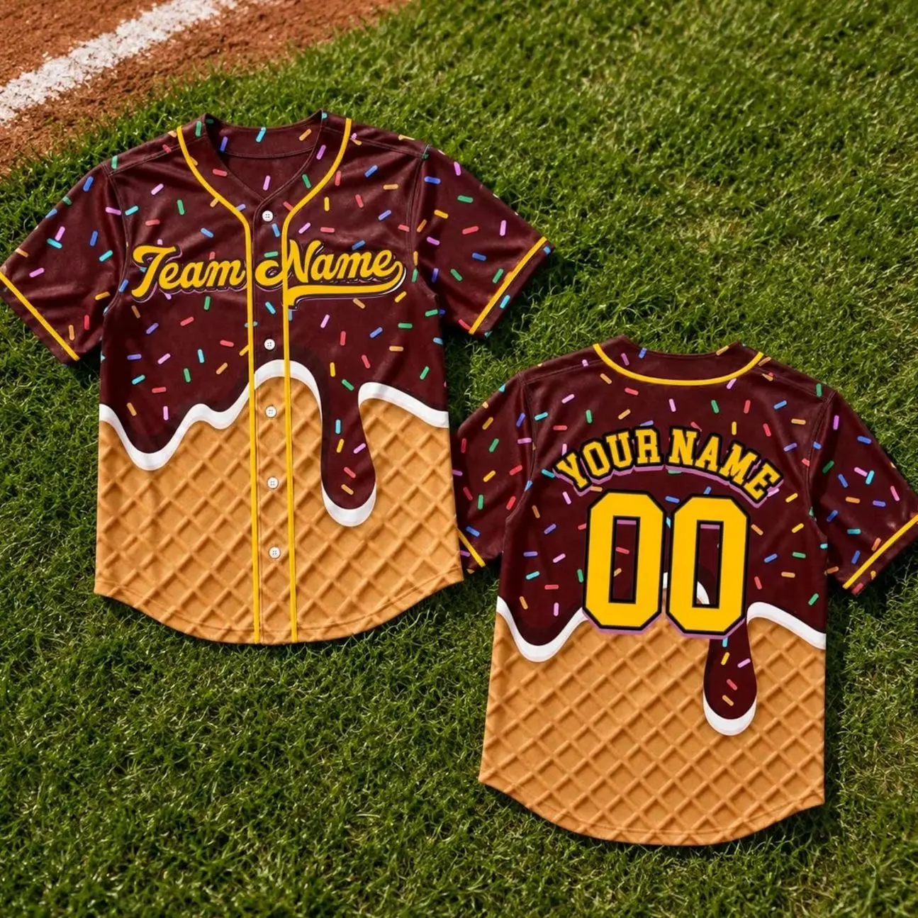 Personalized Chocolate Ice Cream Drip Baseball Jersey for Adult Youth Kid, Custom Name Number Drip Baseball Matching Family Shirt, Game Day