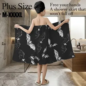 2 pcs Halloween Retro Bat Print Bath Skirt Set, Non-Slip Absorbent Wearable Towel, Sizes M‑XXXXL, Ideal for Spa, Beach, Festive Events