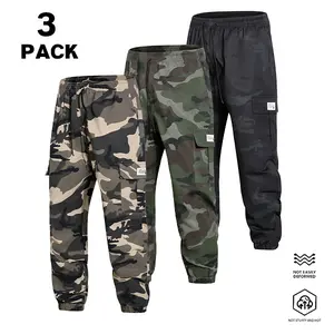 Men’s 3-pack camouflage cargo jogger pants with a drawstring elastic waistband and multiple pockets, suitable for everyday commuting outfits.