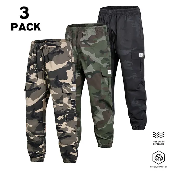 Men’s 3-pack camouflage cargo jogger pants with a drawstring elastic waistband and multiple pockets, suitable for everyday commuting outfits.