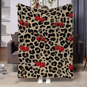 Leopard print cherry blossom printed velvet blanket - Ultra-soft all-season throw for sofas, beds, travel and home decor - Machine washable comfortable gift Bold animal print and red cherries