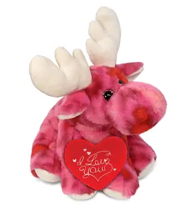 DOLLIBU 9" Super-Soft Polyester Plush Moose Stuffed Toy - Pink Tie-Dye Floppy Design, Red "I Love You" Heart, Personalized Valentine Gift