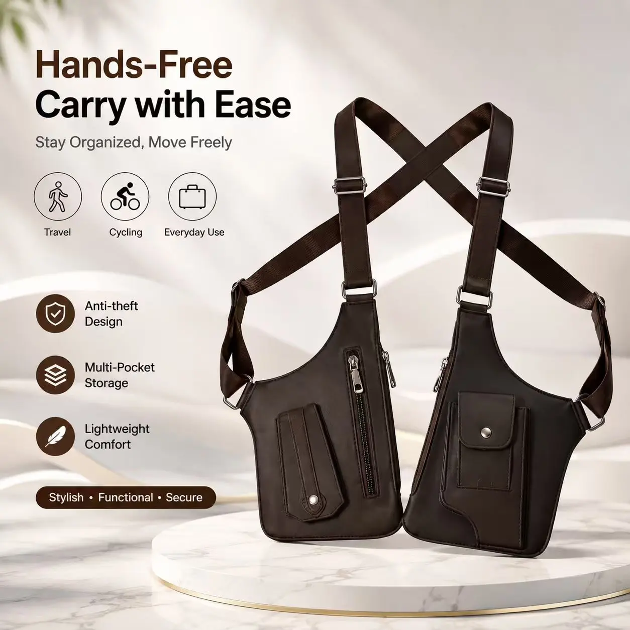Men's Oxford Cloth Messenger Bag - Fashion Leather-Look Holster Style, Adjustable Dual Shoulder Straps, Multi-Zip Pockets, Lightweight Athletic Bag for Hiking, Daily Commute, Holiday Garden Accessories Storage
