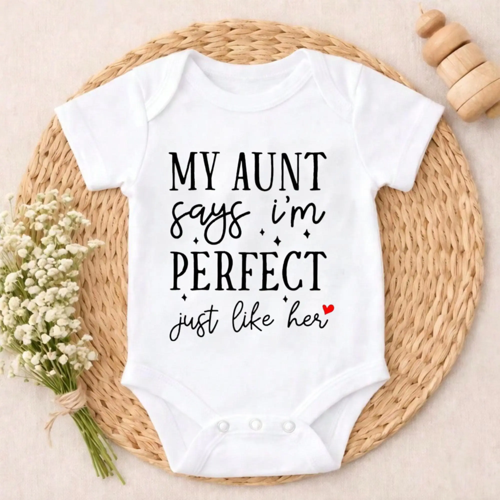 Unisex Newborn Baby Cotton Bodysuit Romper - Novelty "My Aunt Says I'm Perfect Just Like Her" Print, Short Sleeve, Super Soft Solid Color, Snap Closure, Ideal Gift for 0-3m/12m/18m Infants, Baby Shower & First Photos, Novelty Print, Breathable