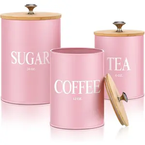 Pink Kitchen Canister Set Metal Tea Coffee Sugar Jar Container with Bamboo Airtight Lids Food Storage Containers for Bar Counter Farmhouse Kitchen Decor 6, 12, 24 ozAB20Lumora Living