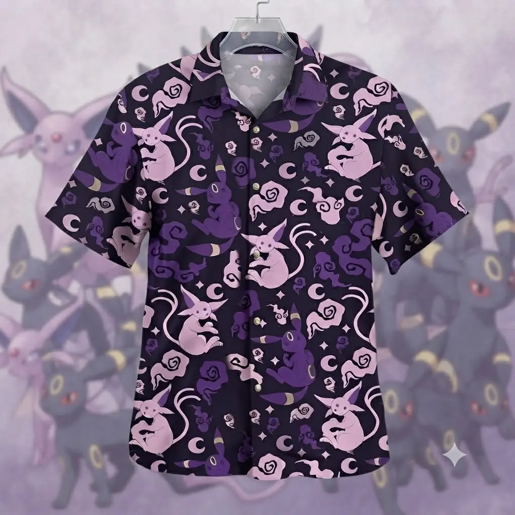 2026 Hot Hawaiian Sets PKM Fresh Summer Beach Wear Psychic Sun Dark Moon Fox Tropical Anime Purple Aloha Shirt Matching Shorts Casual Button Up Top Youthful Bold Cosmic Style Festival Clothing Premium Holiday Gift For All Ages Family Outfits