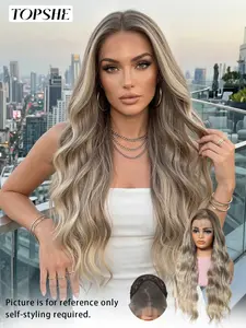28 Inch Ash Blonde Ombre Body Wave Lace Front Wig, Synthetic Wig for Women Long Wavy Ombre Blonde, Natural Hairline Daily Wear, 13x4 HD Lace Front Synthetic Wig, Ombre Blonde Wigs
