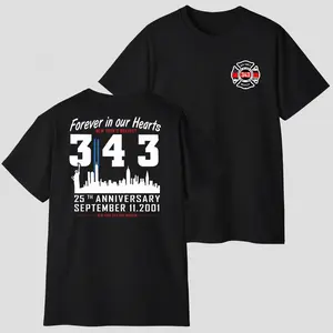 Graphic Memorial T-Shirt, 9/11 25th Anniversary Casual Cotton Tee with Round Neck, 343 Firefighter Short Sleeve Top