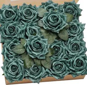 TINGE TIME Artificial Roses for Decoration 16pcs Real Looking Fake Flowers w/Stem Dark Teal Artificial Flowers for DIY Wedding Bouquets Bridal Shower Centerpieces Party Anniversary Home Decor Decorative Floral