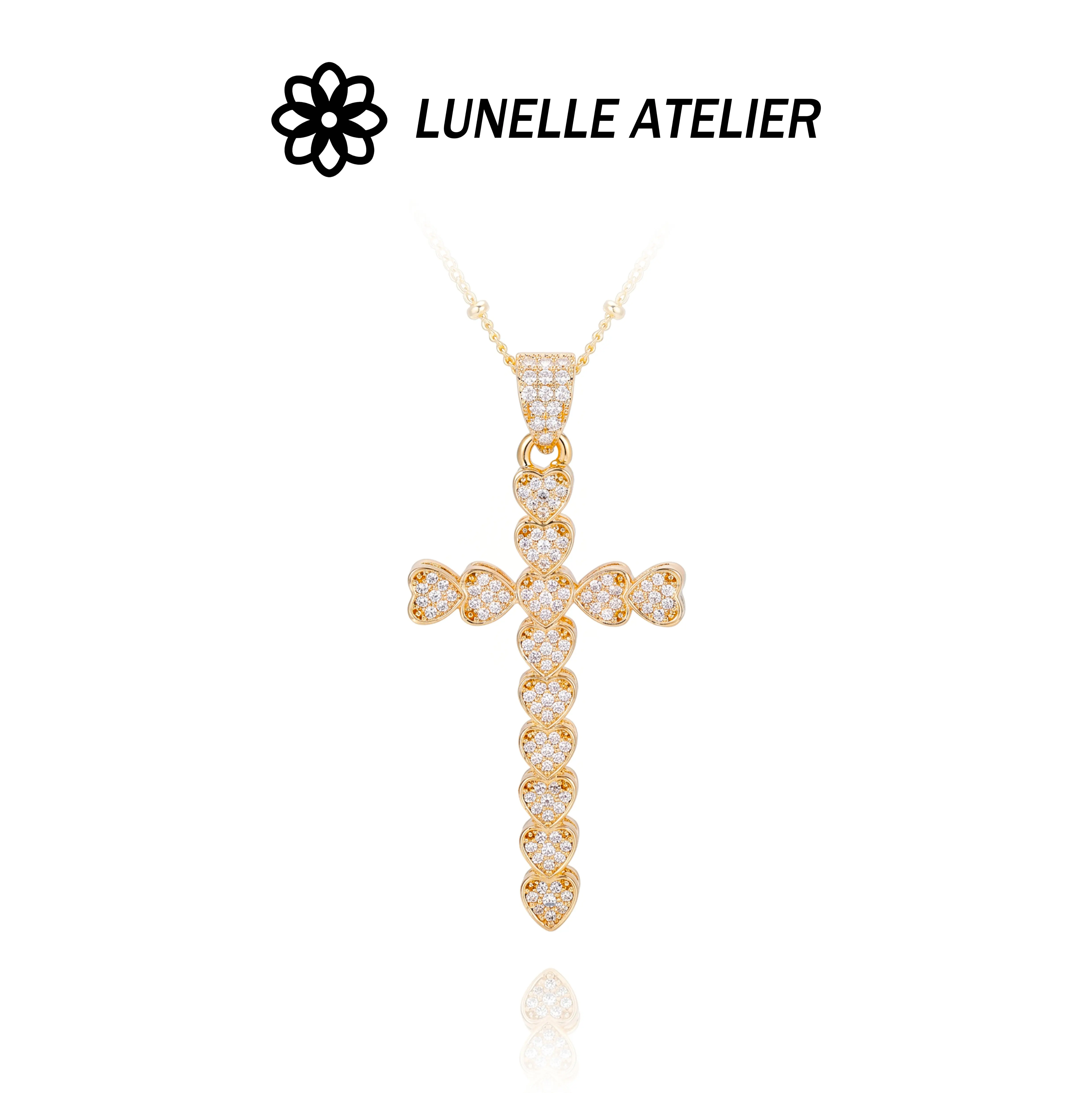 18K Gold Plated Heart Cross Necklace for Women Pave CZ Heart Shape Cross Beaded Chain Tarnish Free Gift