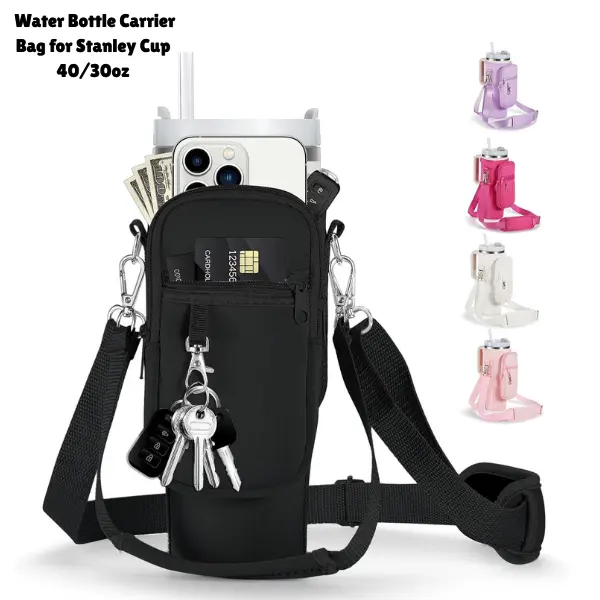 Stanley Cup Water Bottle Carrier Bag 40oz 30oz with Phone Holder & Pockets, Neoprene Crossbody Bag with Adjustable Shoulder Strap & Handle, Stanley Cup Accessories