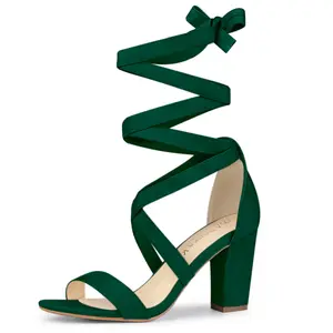 BLISSFUL STEP Women's Crisscross Lace Up Mid Block Heels Sandals