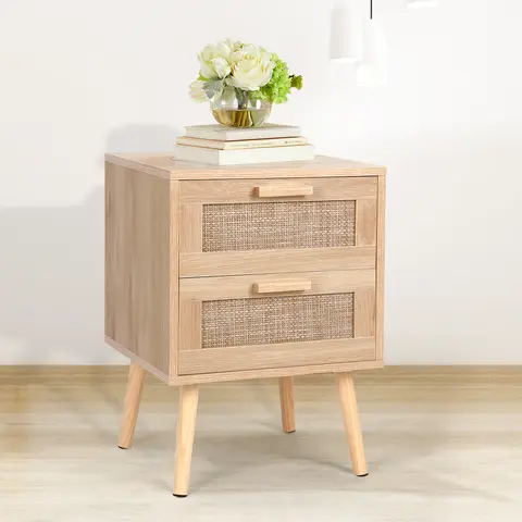 VOWNER Rattan Nightstand, End Table with 2 Drawers and Solid Wood Legs, Side Table with Storage for Bedroom, Easy Assembly Night Stand for Kids Room