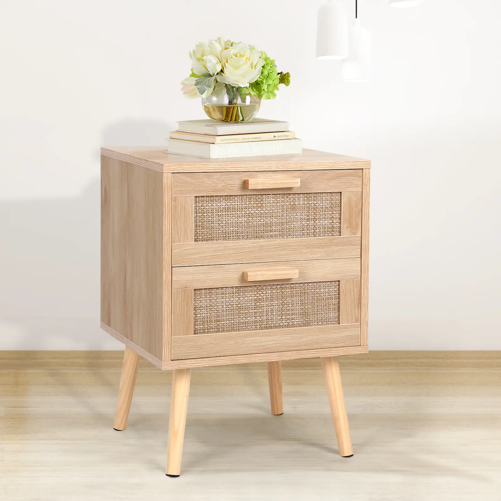 VOWNER Rattan Nightstand, End Table with 2 Drawers and Solid Wood Legs, Side Table with Storage for Bedroom, Easy Assembly Night Stand for Kids Room