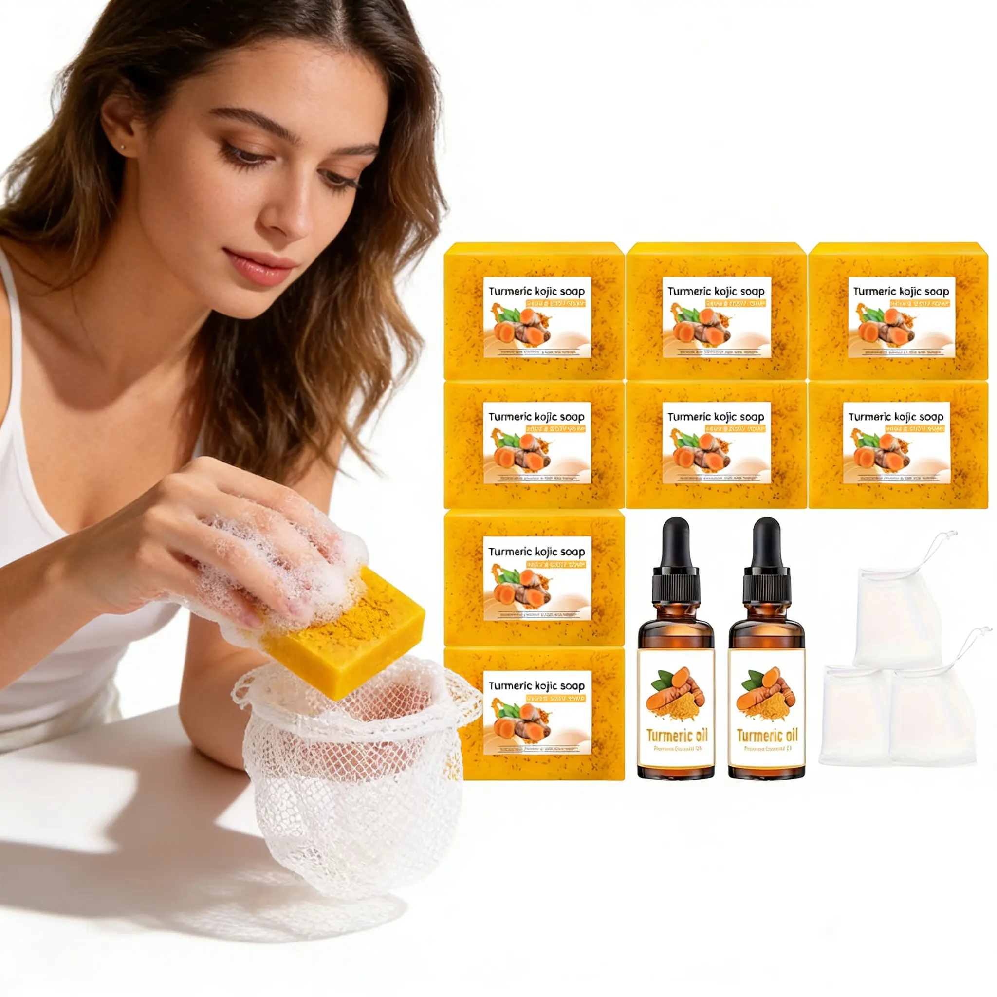Turmeric Soap Set, 8 Counts Kojic Turmeric Soap Bar with 2 Counts Turmeric Essential Oil, Deep Cleansing, Moisturizing & Hydrating Soap Bar Set for Hair & Skin, Moisturizer, Cleanser, Body Care Pack, Turmeric Beauty Soap