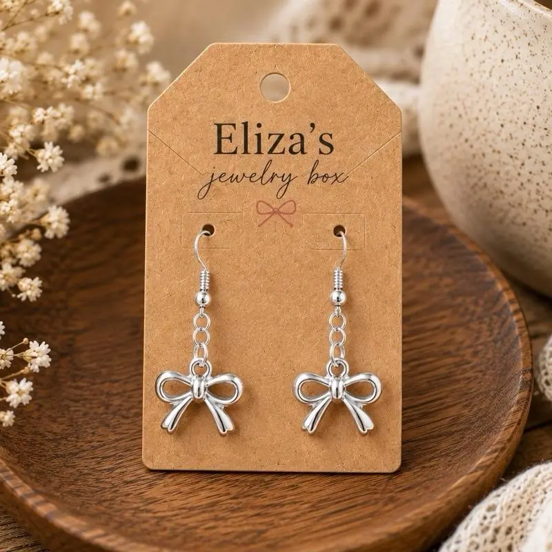 Silver Bow Dangle Earrings - Minimalist Coquette Jewelry, Cute Everyday Gift for Her