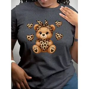 Leopard Bear Graphic Cotton T-Shirt For Women, Cute Crew Neck Outfit, Comfort Stretchy Fashion Tee, Perfect Valentine's Day Gift For Her