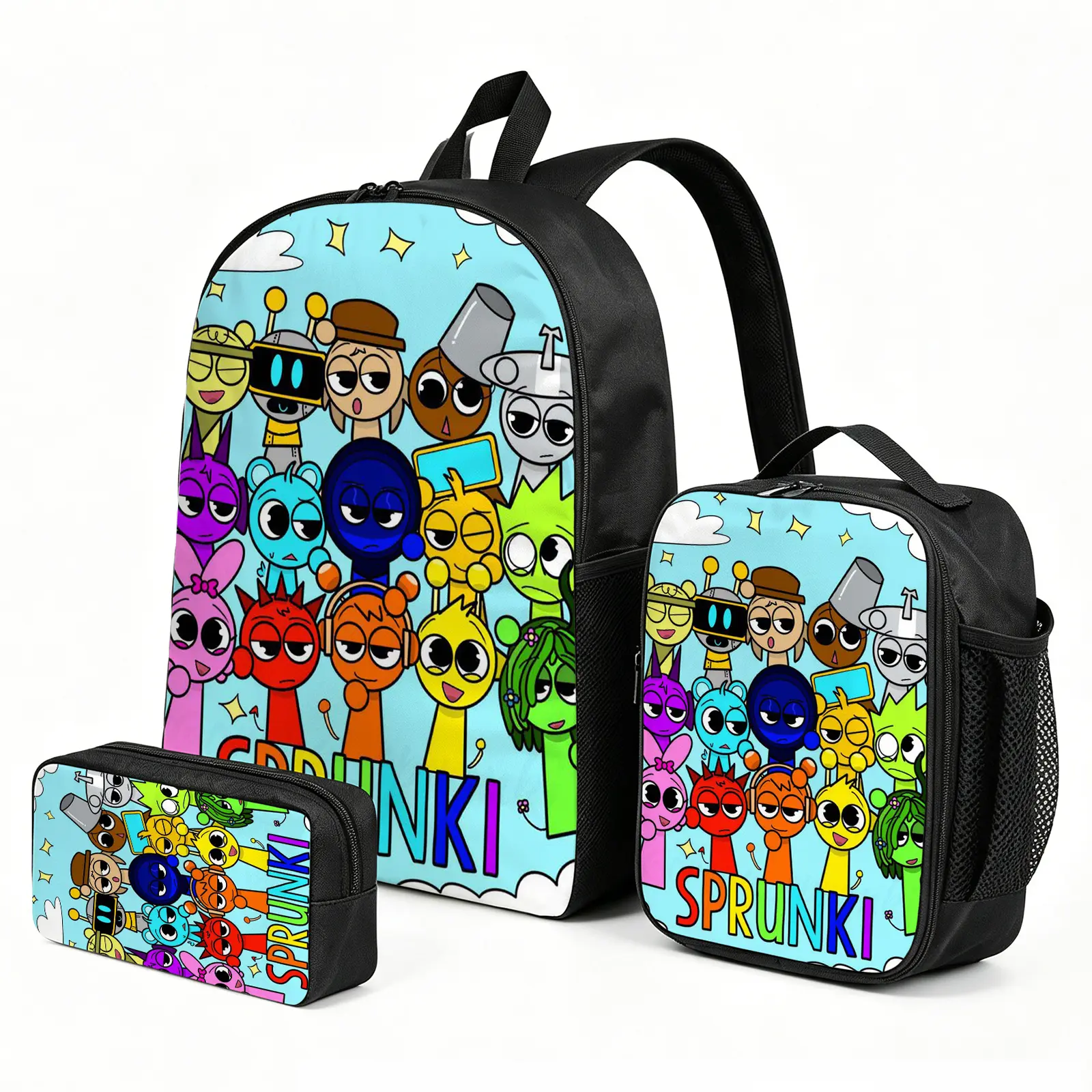 Incredibox-Sprunki Graphic Backpack Set with Lunch Box, Pencil Case, Adjustable Shoulder Strap - 3-Piece Back to School Supplies for Elementary School Boys, Unisex, Backpacks For School, Sprunki Print