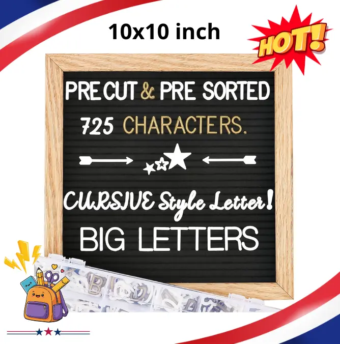 Felt Letter Board 10x10in with Wood Stand, 725 Pre-Cut & Sorted Letters, First Day of School Board, Baby & Pregnancy Announcement Sign, Custom Message Board
