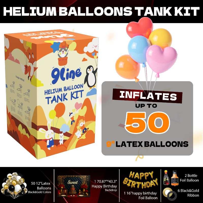 Helium Tank for Balloons At Home 13L Helium Tank,50 Pcs 12-lnch Black&Gold Latex Balloons, 15 Foil Balloons, 1 Happy Birthday5.9X3.6Ft Backdrop,8 Accessory Tools