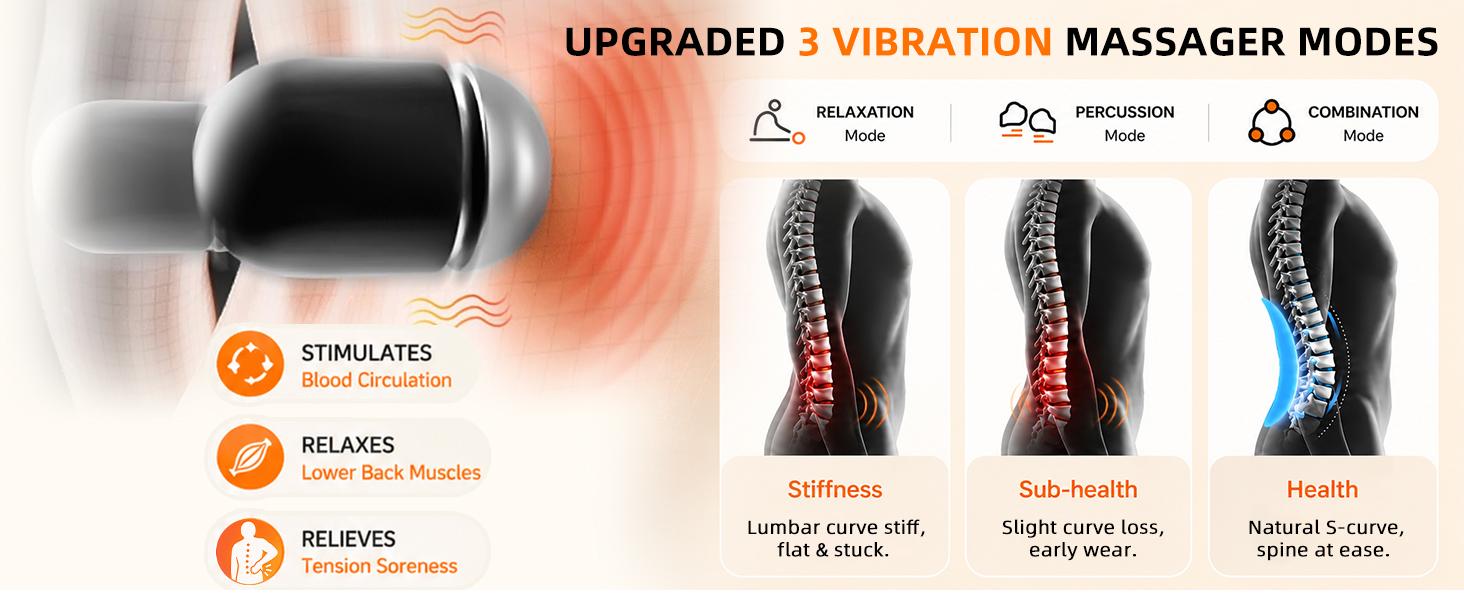 Cordless Heated Lumbar Support Pillow Massage Device - Rechargeable Memory Foam Back Massager with Airbag Spine Align, Vibration Massage, 3 Heat Levels, Removable, Adjustable, Compact Size Fits Office, Car, Sofa