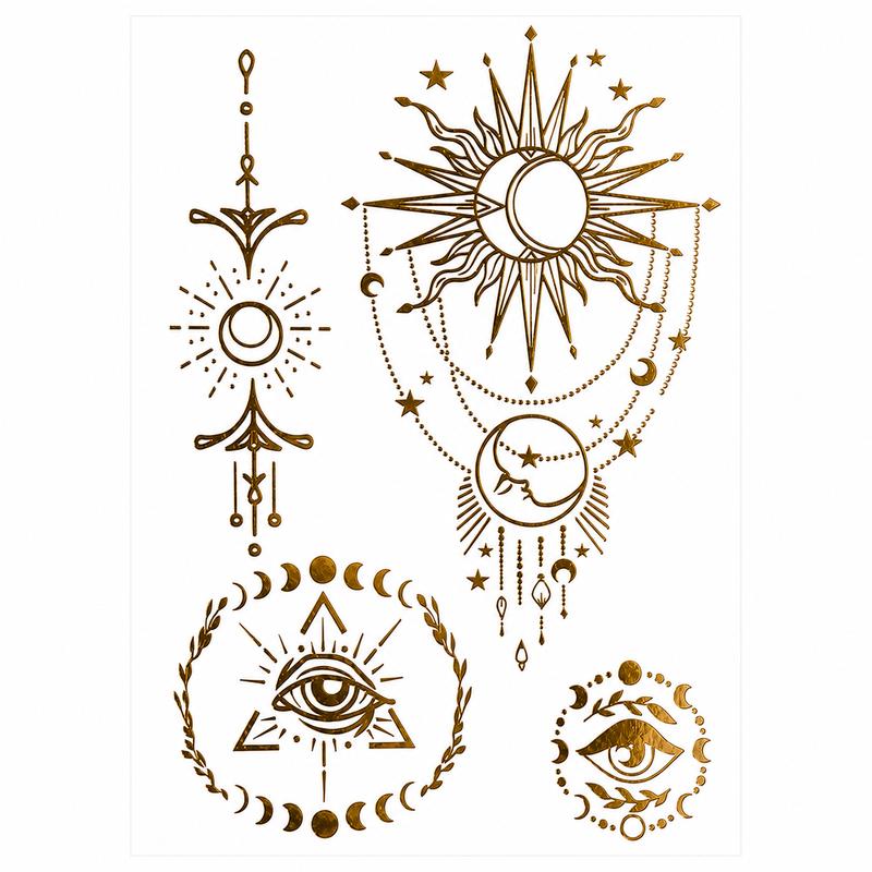 Metallic Gold Sun-Moon Celestial Motif Temporary Tattoo Sheet - 100x150mm, Apply Easily Transfer Body Art for Beauty & Personal Care Makeup Use