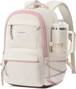 LOVEVOOK School Backpack for Girls, 15.6 Inch laptop Backpacks with Large Capacity Tumbler Holder, Lightweight College bag for women, Cute Travel Teen Bookbag Purse for Students,Off white-Pink
