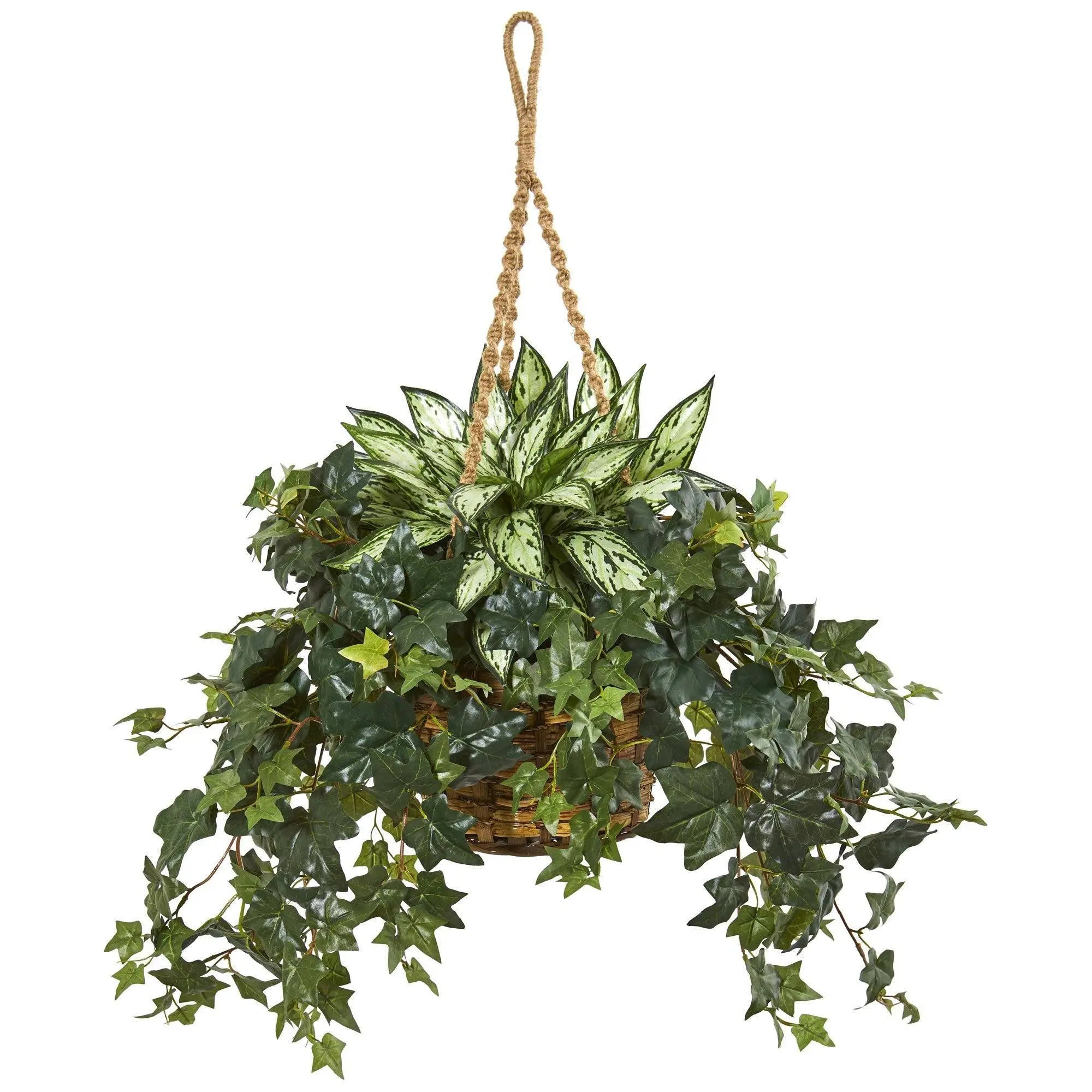 30” Silver Queen and Ivy Synthetic Hanging Plant in Basket - Indoor Plants for Window, Wall Decoration (Garden Pots & Planters Supplies)