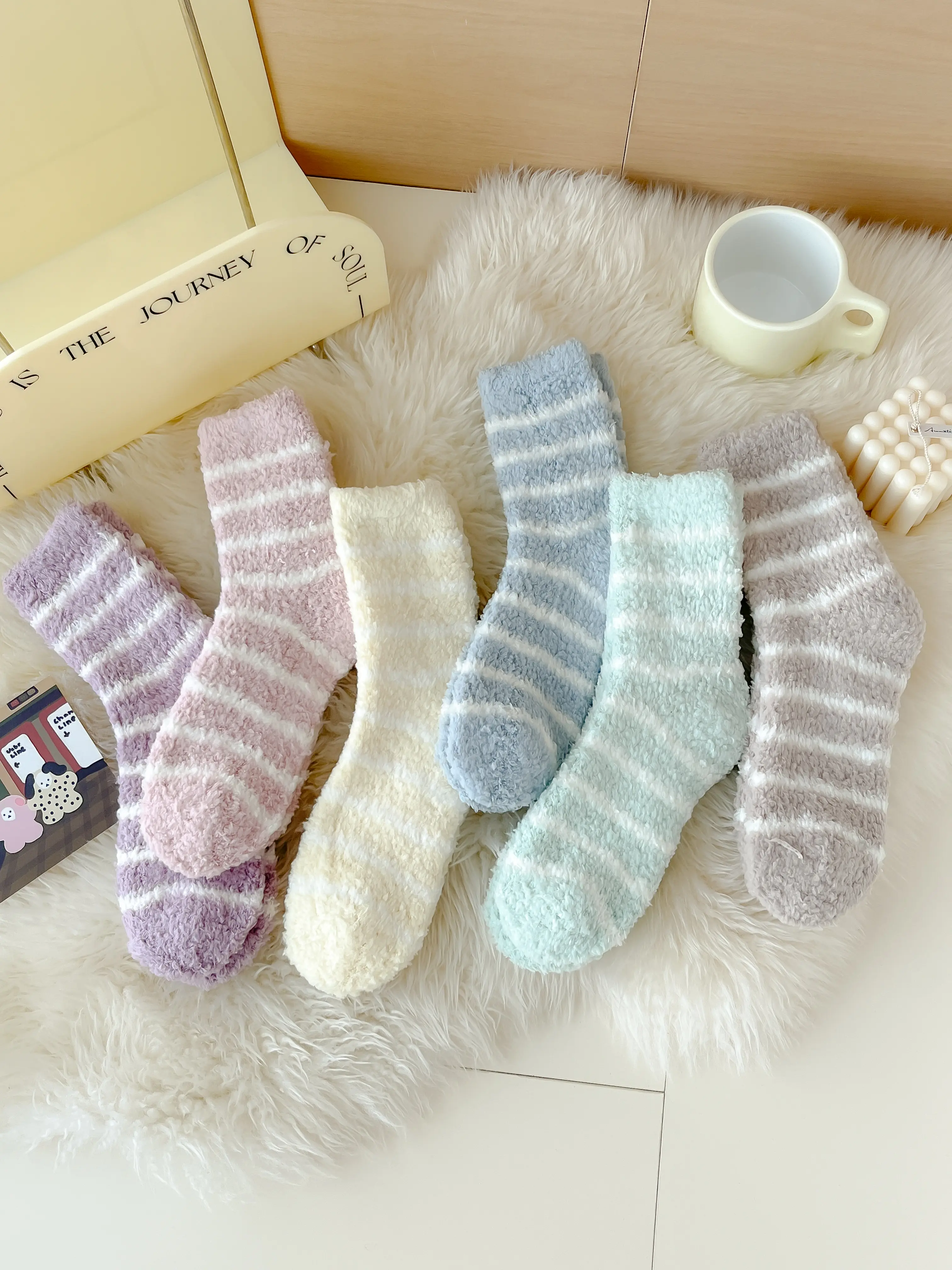 Women's Coral Fleece Fluffy Loungewear Socks - Soft, Thick, Plush Polyester, Pastel Striped, Elastic Toeband, Warmth-Locked, Non-Shedding, Basic Casual Chic Winter Bedroom Socks