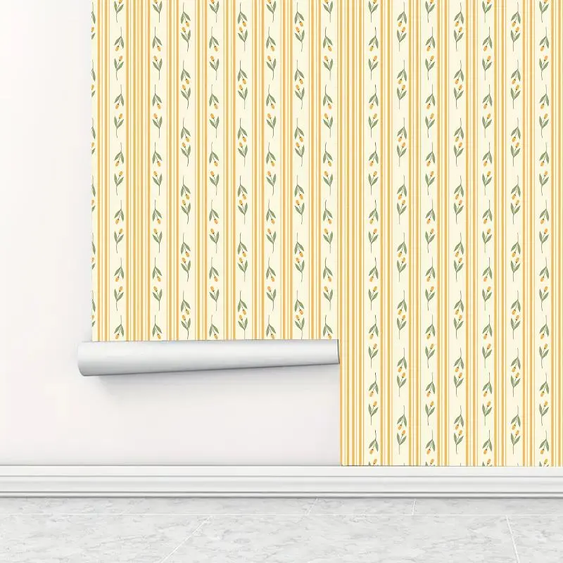 Vintage Stripe Flower Pattern Self-adhesive Wallpaper, 1 Roll Waterproof Removable Wallpaper, Wall Decor for Home Living Room Kitchen Bedroom Dormitory
