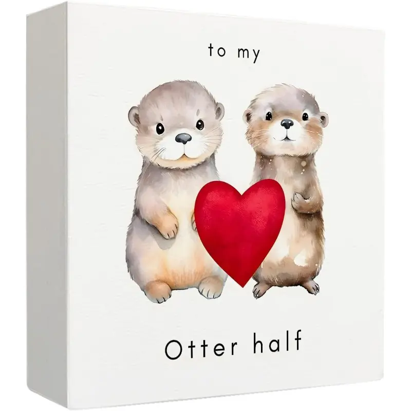 Otter Valentine's Day Wooden Box Sign, Valentine's Day Decorations, Valentine's Day Gifts for Her Girlfriend Wife, Valentine's Day Wood Signs for Home Desk Shelf Table Decor, 5x5 Inch