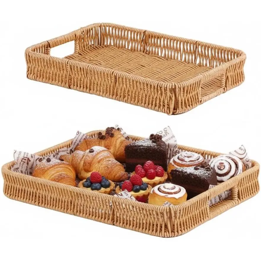 2 count Rectangular Serving Tray with Handles, Decorative Wicker Organizer Baskets Storage Tray for Coffee Table, Bread, Fruit, Snacks, Centerpiece Decor