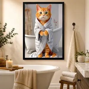 Cute Orange Cat Bathroom Framed Canvas Wall Art Print, Funny Cat in Bath Wall Decor with Soft Gray Towel, Ready-to-Hang Wrapped Canvas for Living Room Bedroom Office, Room Wall Decor, Apt Decor, Aesthetic Design, Framed Paintings, Canvas Prints, Cat Lover