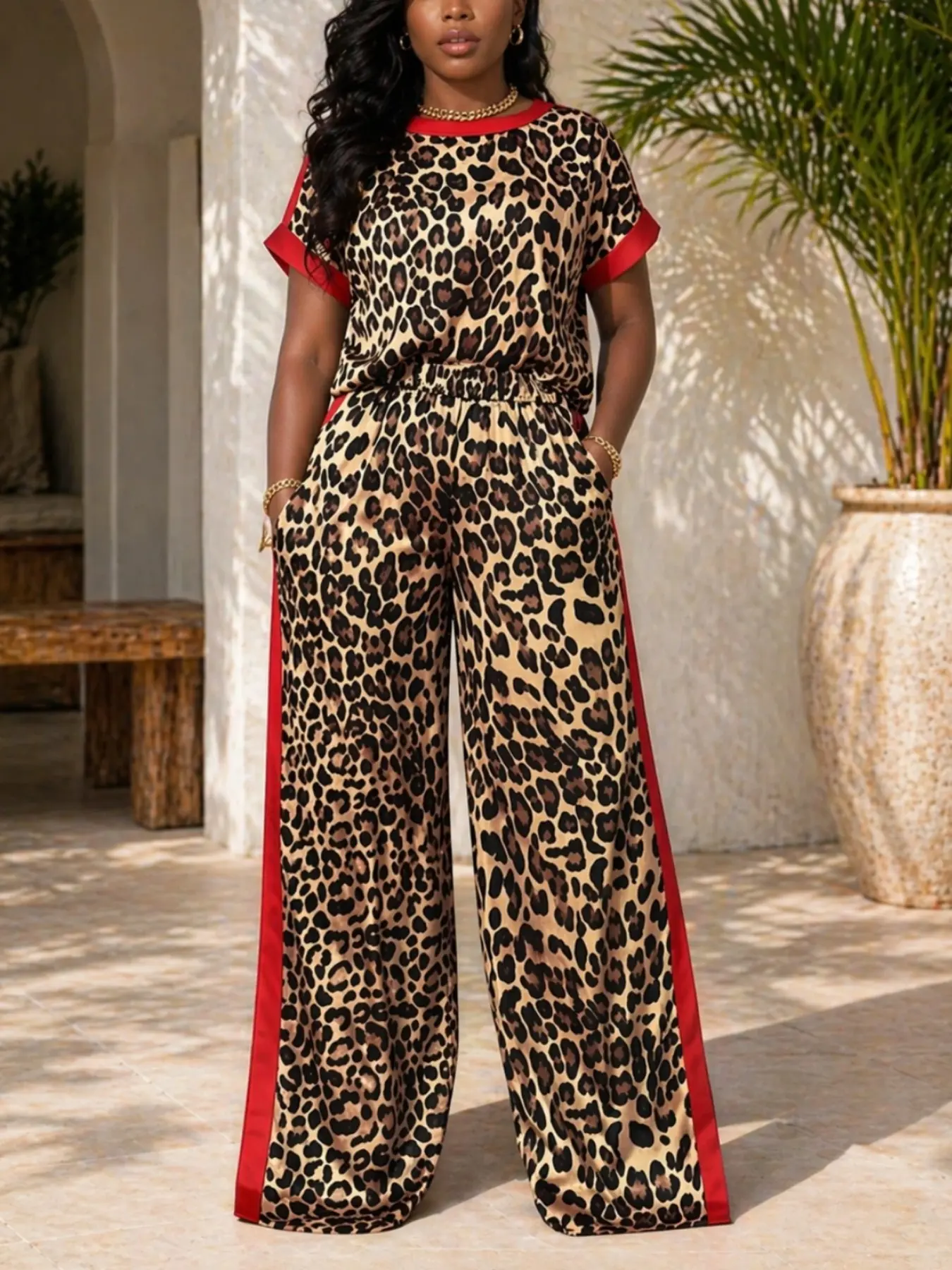 Animal Print Top Set, Casual Round Neck T-Shirt and Split Leg Pants, Loose Comfortable Fit, Perfect for Leisure and Daily Wear, Womenswear