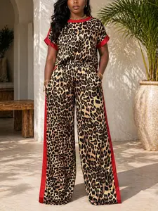 Animal Print Set, Womenswear Casual T-Shirt Top + Split Leg Pants, Loose Comfortable Fit, Perfect for Leisure and Daily Wear