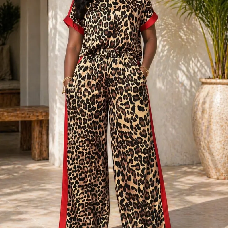 Leopard Print Set Animal Print, Summer Matching Set, Casual Loose-Fit T-Shirt + Split Leg Pants, Comfortable and Stylish, Perfect for Daily Wear and Leisure Activities