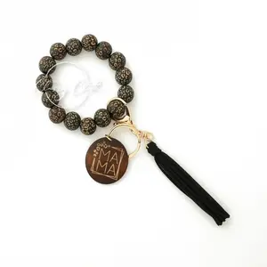 MAMA Wooden Beaded Tassel Key Chain - Black Leopard