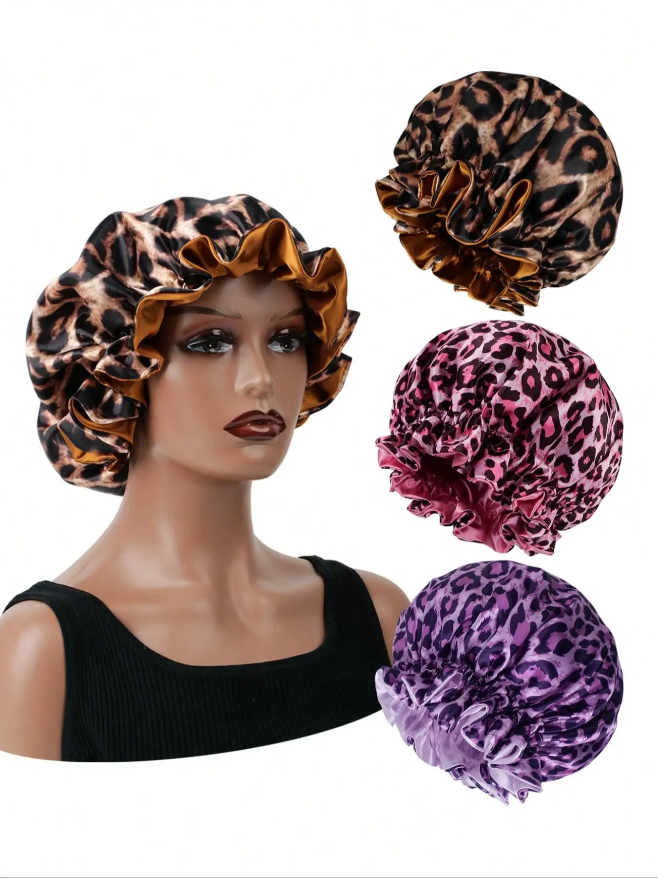 Leopard Print Double Layer Satin Hair Bonnet, Hair Care Cap, Hair Hat, Soft & Stylish Design for Women, Perfect for Daily Use & Gift Giving