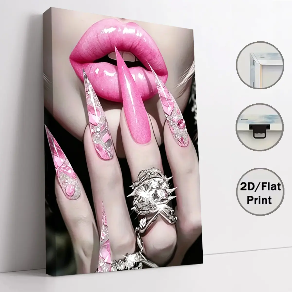 Girly pink glitter nails & lips 2D flat canvas poster wall decor, beauty salon wall art ornament for home room decoration, cute print gift for Thanksgiving, Christmas, and birthday holidays, nail salon bedroom wall print