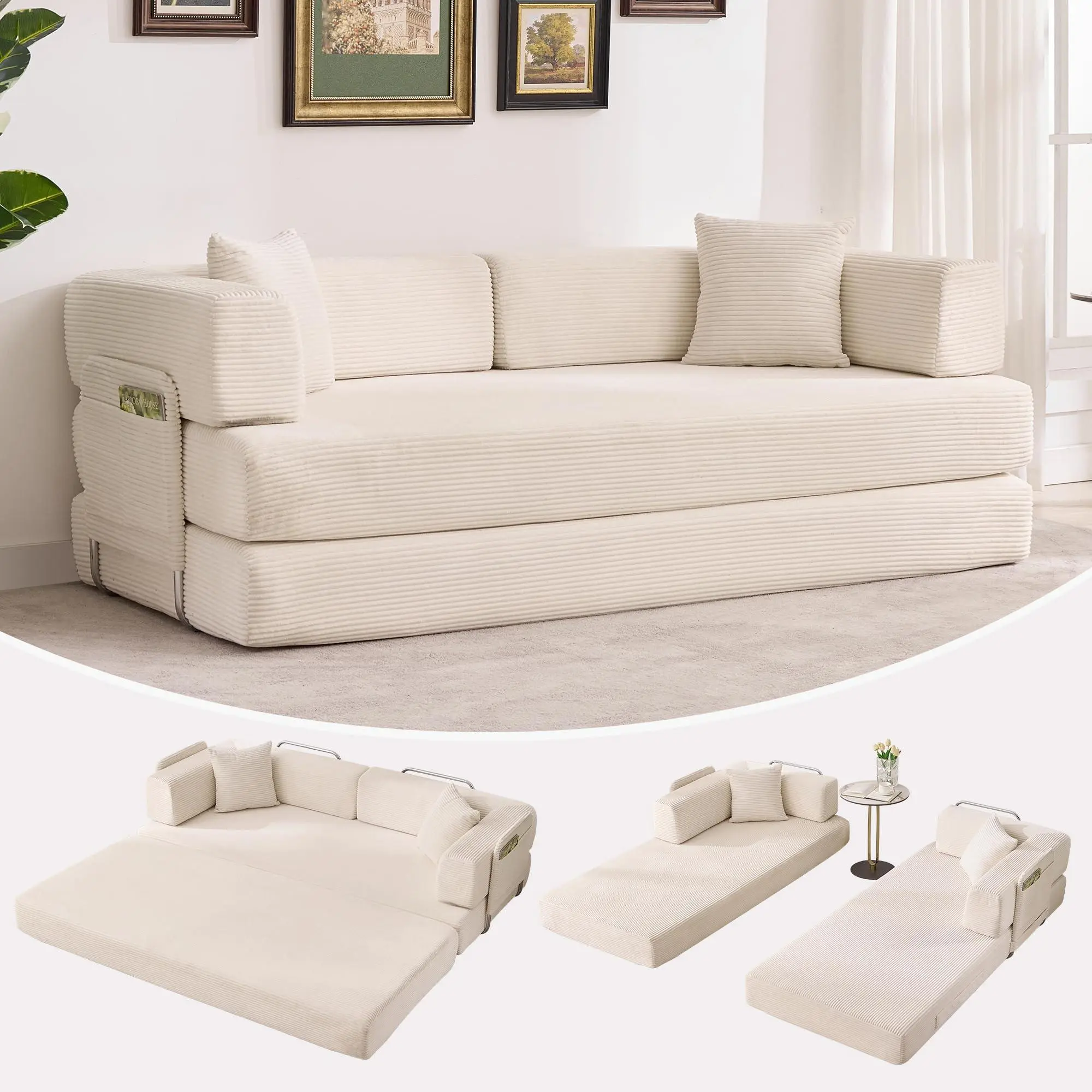 Gaomon 78.8-in L x 39.4-in W x 27.5-in H Pre-Assembled Corduroy Modular Sectional Sofa Bed, Convertible Folding Sleeper with Pillow, Armrest, Durable Easy Maintenance for Living Room, Dorms (120 lbs Capacity)
