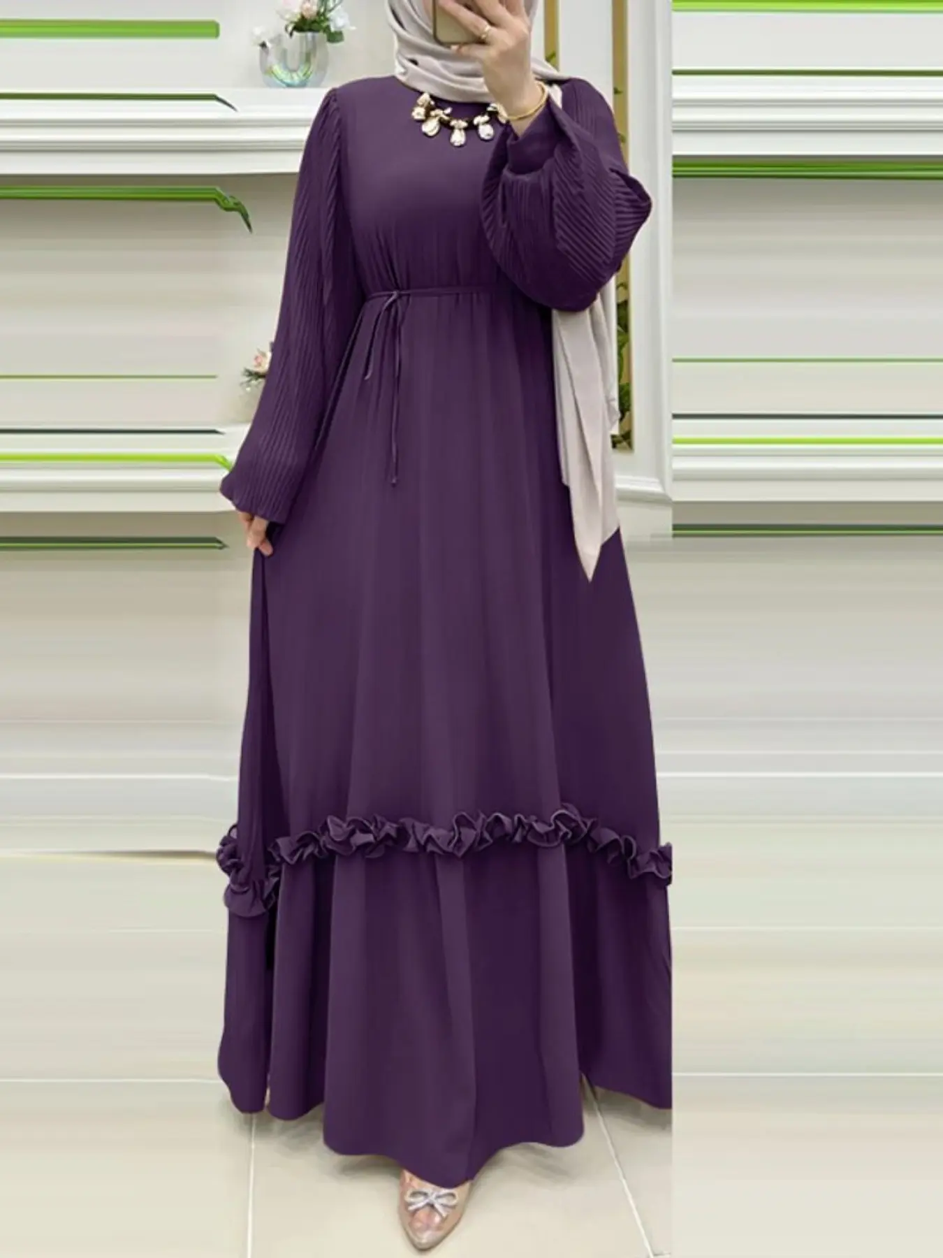 Muslim Modest Solid Color Lantern Sleeve Pleated A-Line Flounce Dress, Elegant Women's Clothing, Elegant Islamic Clothing, Perfect for Casual & Formal Occasions