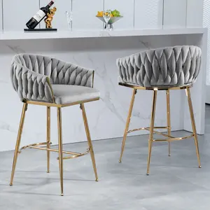 26'' Counter height bar stools Set of 2, velvet kitchen island counter bar stool with hand- wave back, golden chromed base and foot rest, home pub chair (pair), barstools