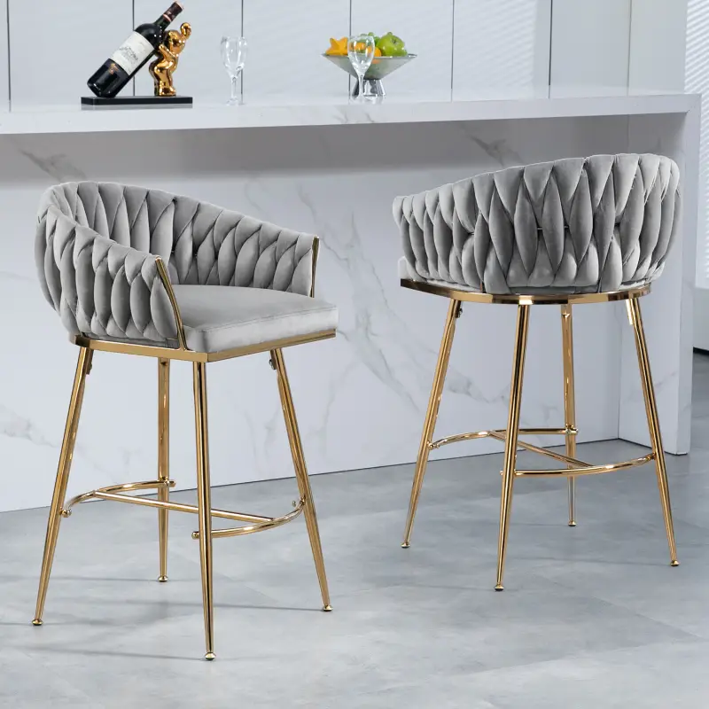 26'' Counter height bar stools Set of 2, velvet kitchen island counter bar stool with hand- wave back, golden chromed base and foot rest, home pub cha